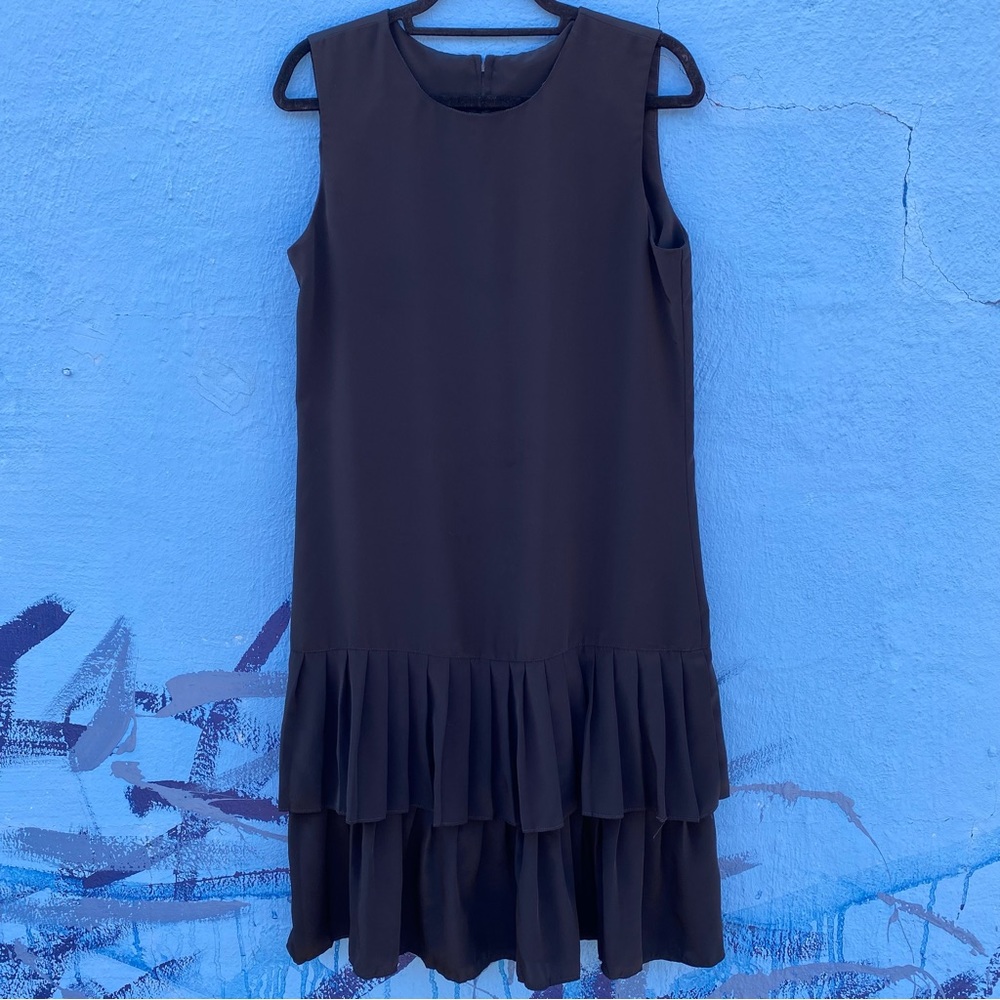 Vintage black sleeveless satin dress, retro flapper style, size M/L